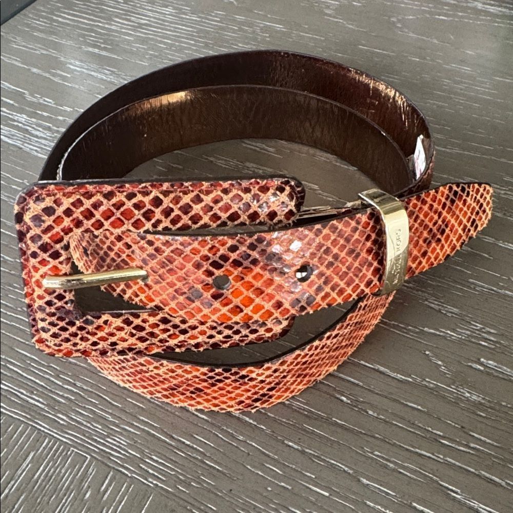 Michael Kors Brown Orange Leather Belt with Gold Tone Buckle Snake Print Size L